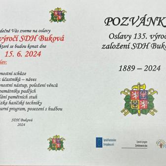 Pozvánka na oslavy 135. výročí založení SDH Buková